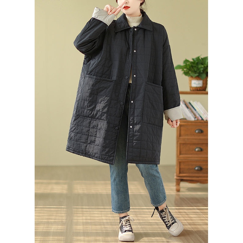 Women Black Pockets Button Patchwork Fine Cotton Filled Coat Winter