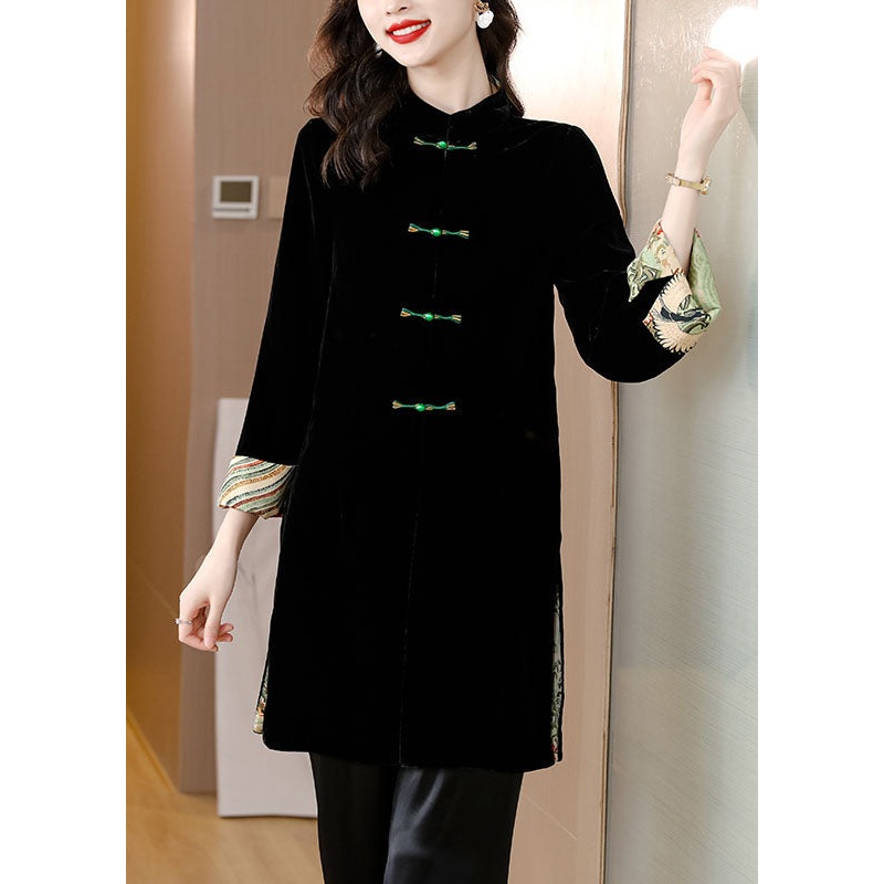 Women Black Stand Collar Patchwork Button Silk Velour Coat Bracelet Sleeve