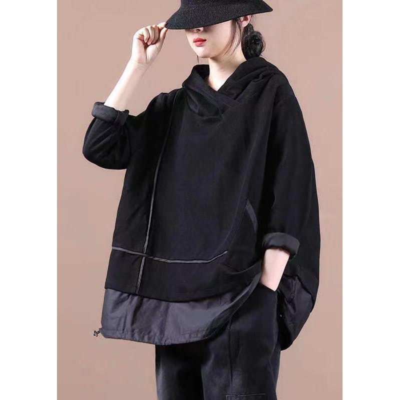 Women Black Striped Hooded Patchwork Warm Fleece Pullover Sweatshirt Winter