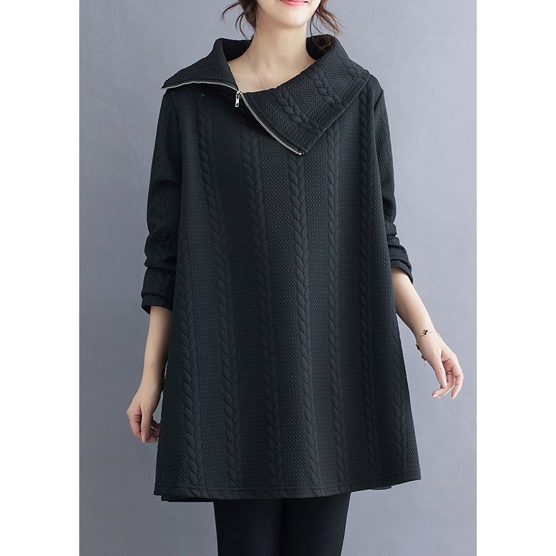Women Black Zip Up Patchwork Cotton Top Long Sleeve