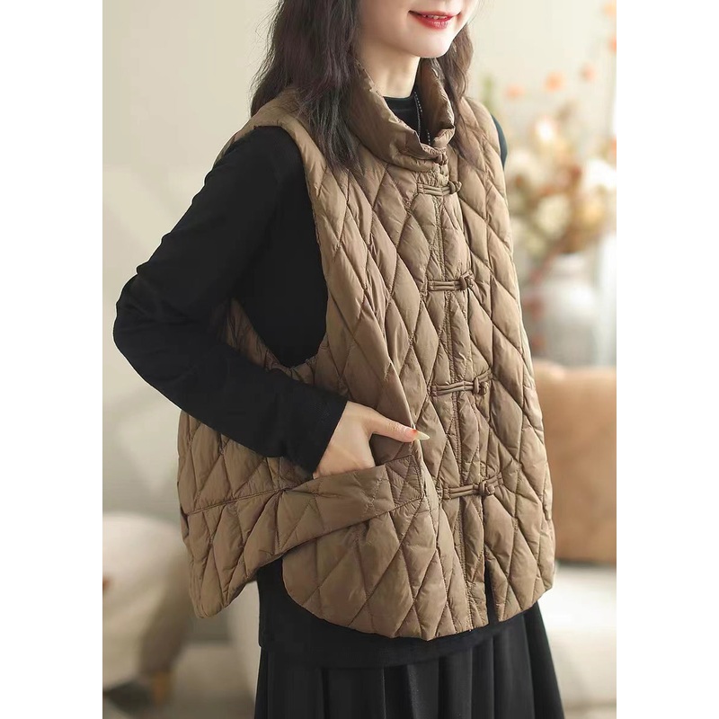 Women Coffee Button Pockets Patchwork Cotton Filled Waistcoat Sleeveless