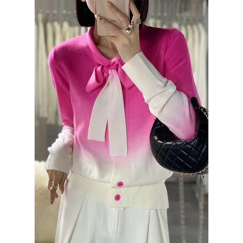 Women Rose Gradient Color Lace Up Wool Knit Sweaters Long Sleeve