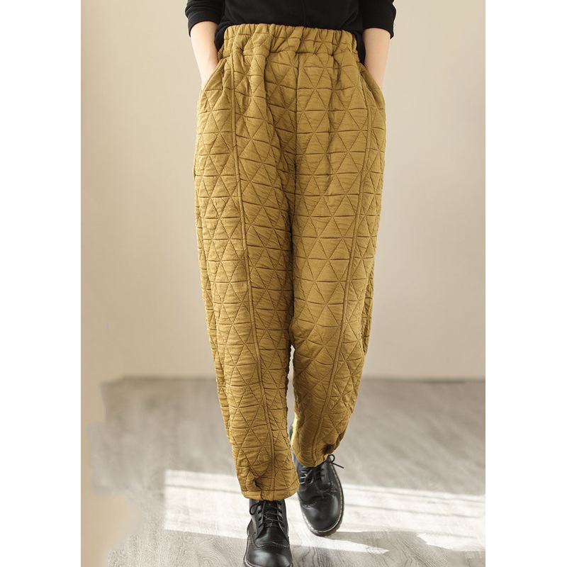 Women Yellow Pockets Plaid Patchwork Fleece Pants Winter