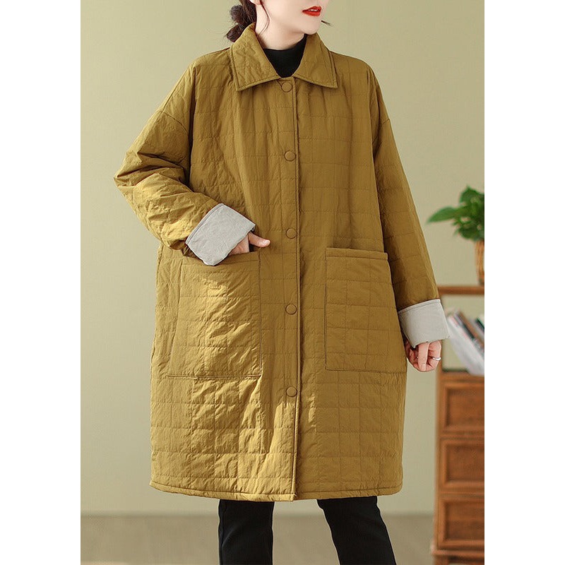 Yellow Pockets Patchwork Fine Cotton Filled Coats Peter Pan Collar Winter