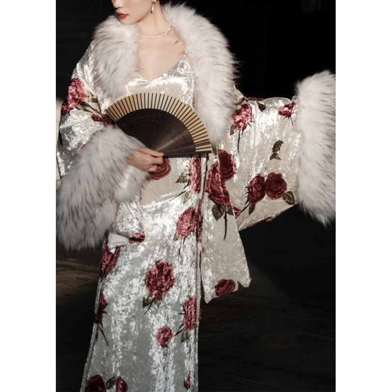 2023 Autumn New Sexy Rose Print Fur collar Silk Dress Two Piece Set