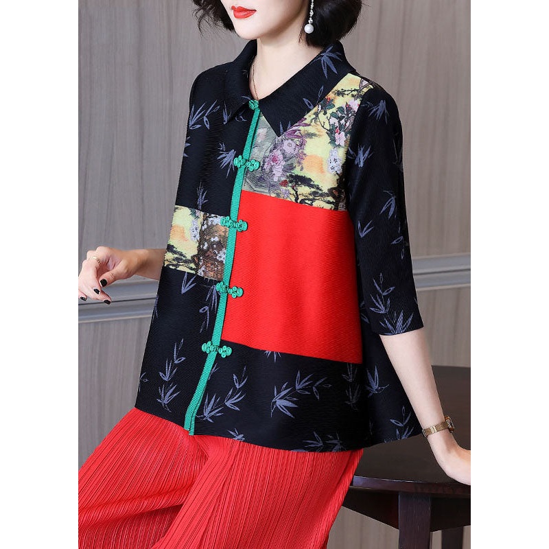 Art Black Peter Pan Collar Print Button Shirt Half Sleeve