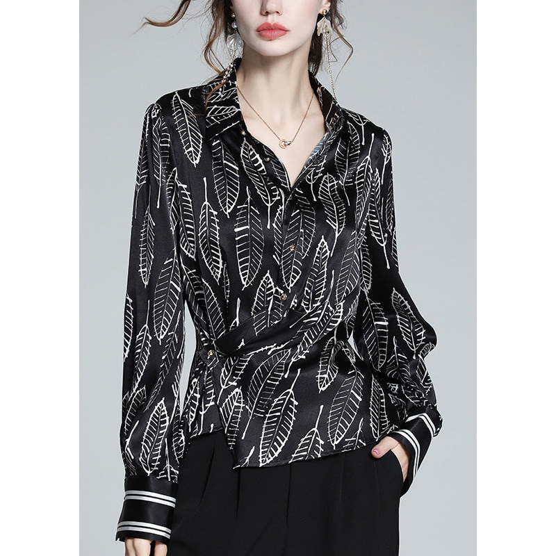 Art Black Peter Pan Collar Print Button Silk Shirts Long Sleeve