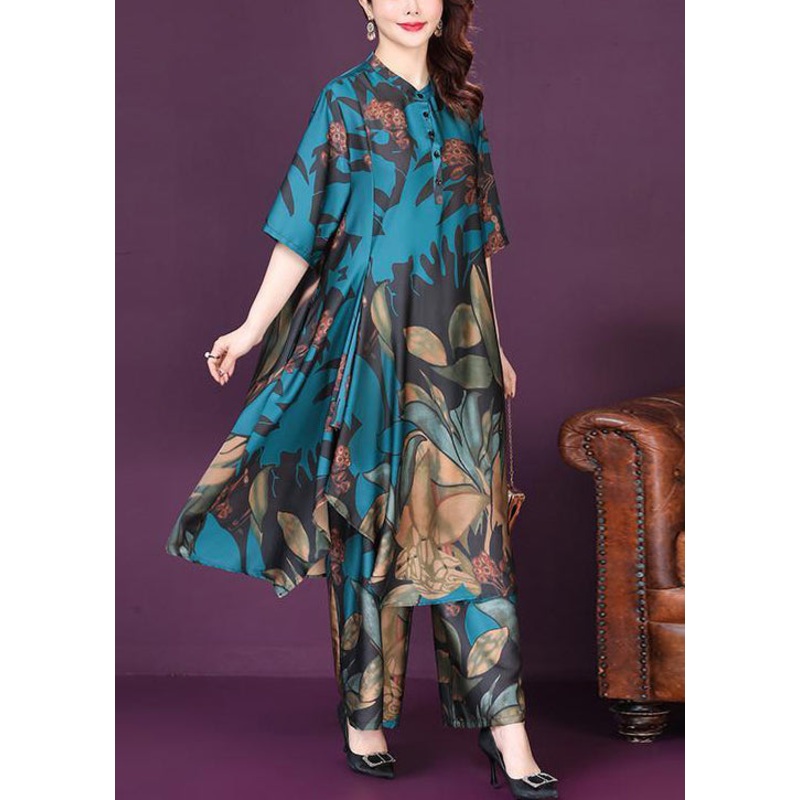 Art Blue Asymmetrical Exra Large Hem Print Silk Two Piece Suit Set Summer