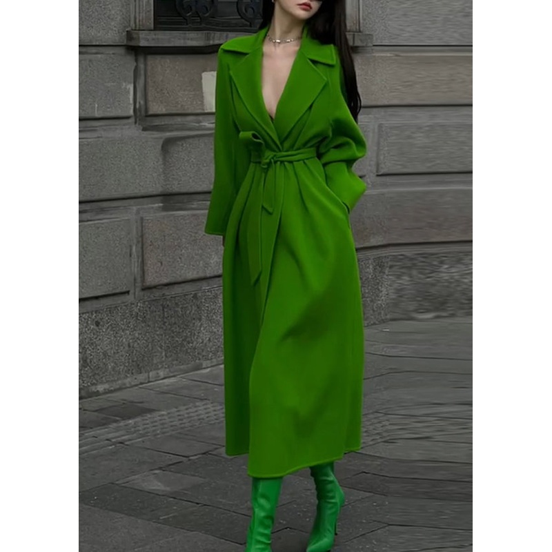 Art Green Peter Pan Collar Tie Waist Patchwork Woolen Coat Winter