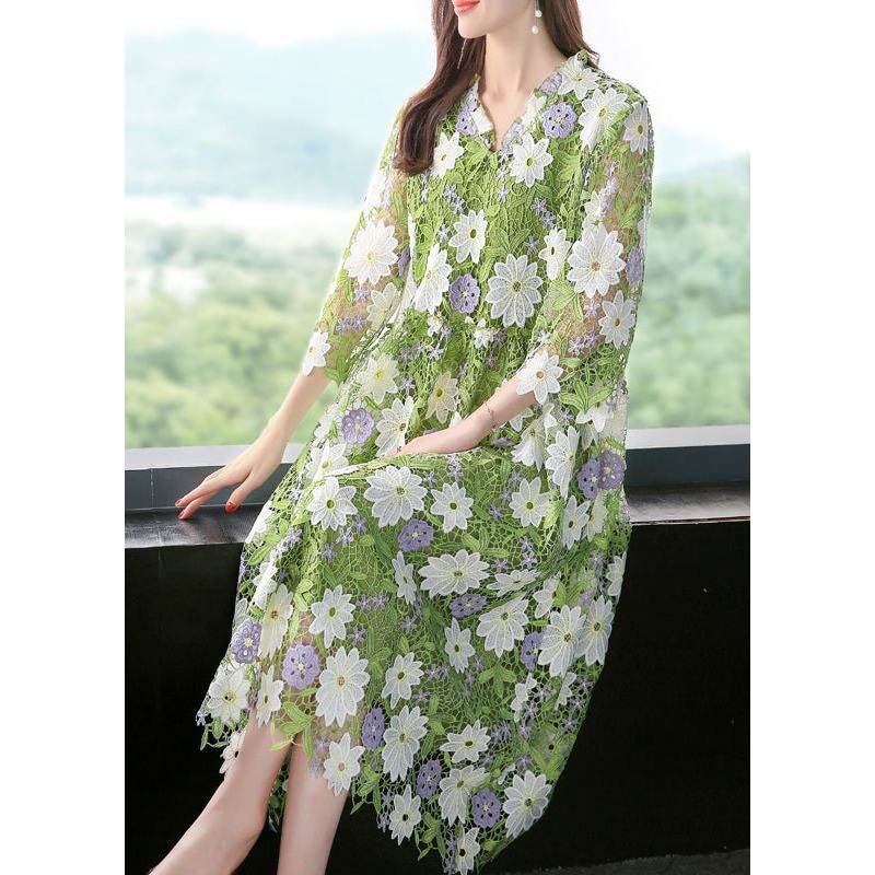 Art Green V Neck Floral Embroidered Lace Dress Half Sleeve