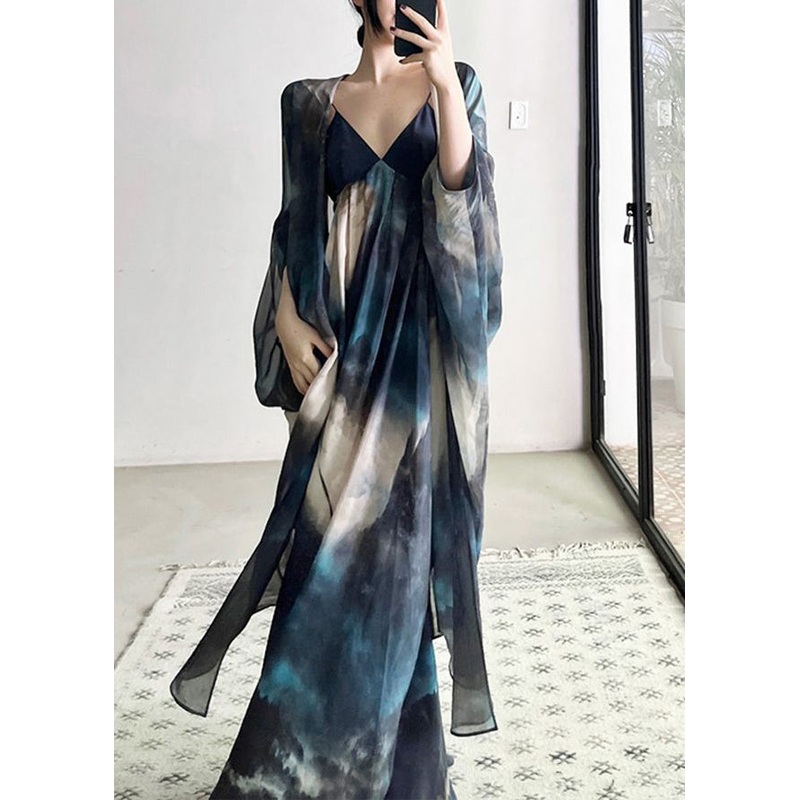 Beautiful Blue Cardigans And Spaghetti Strap Dresses Chiffon Two Piece Suit Fall