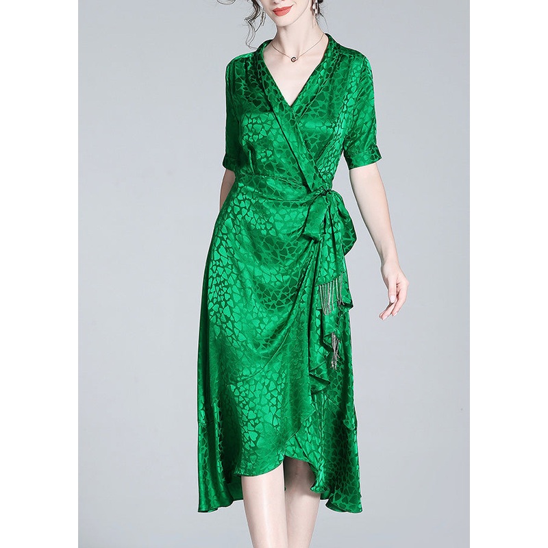 Beautiful Green V Neck Print Bow Tunic Maxi Dress Short Sleeve