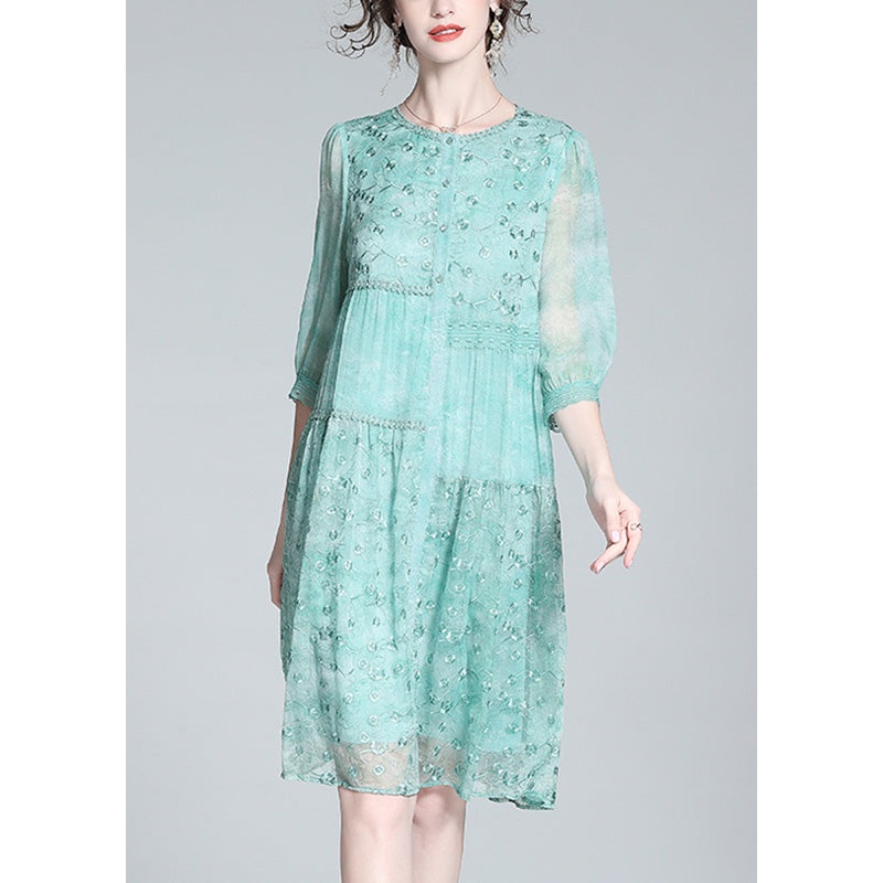 Beautiful Light Green O-Neck Embroideried Button Long Dresses Summer