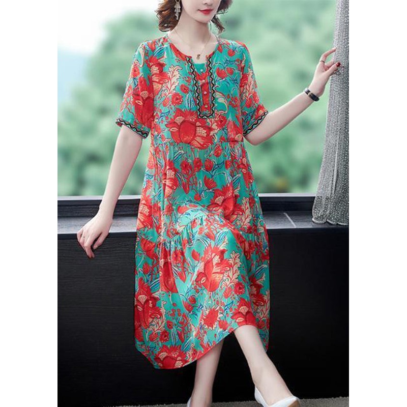 Beautiful Red O-Neck Print Silk Party Dress Summer