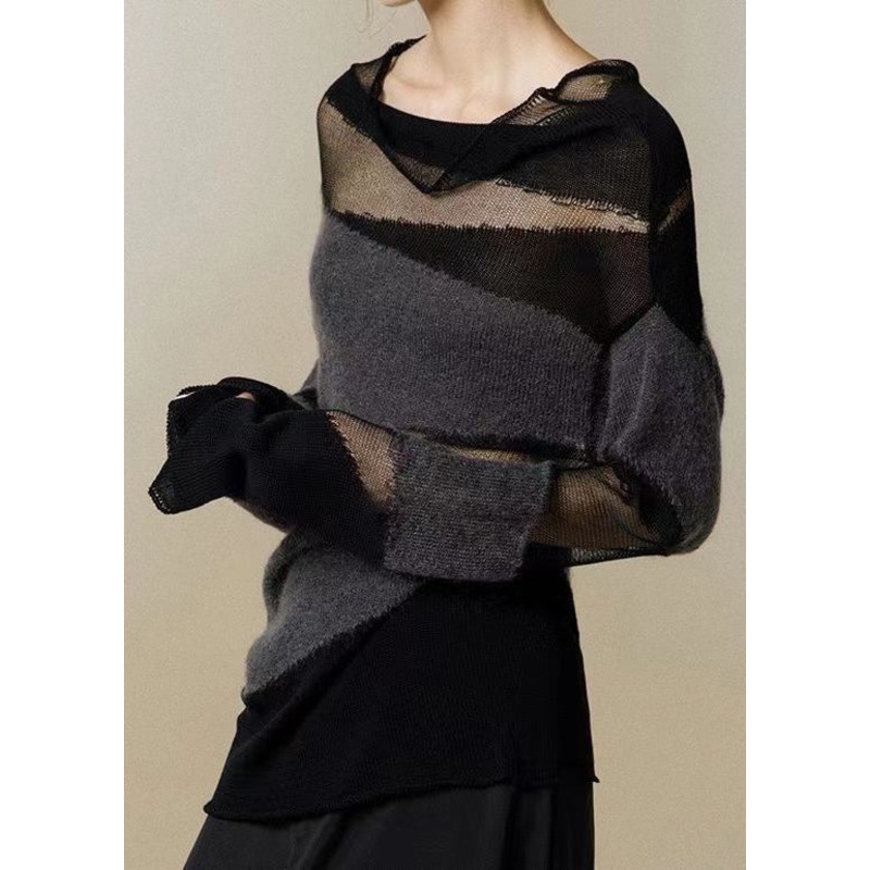 Black Turtleneck Tulle Patchwork Thin Knit Sweaters