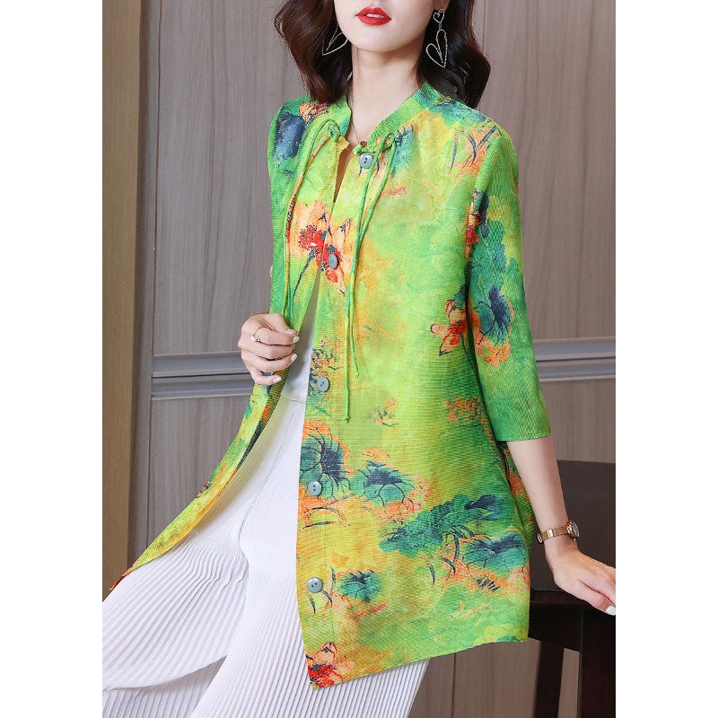 Boho Green Stand Collar Print Tassel Shirt Bracelet Sleeve