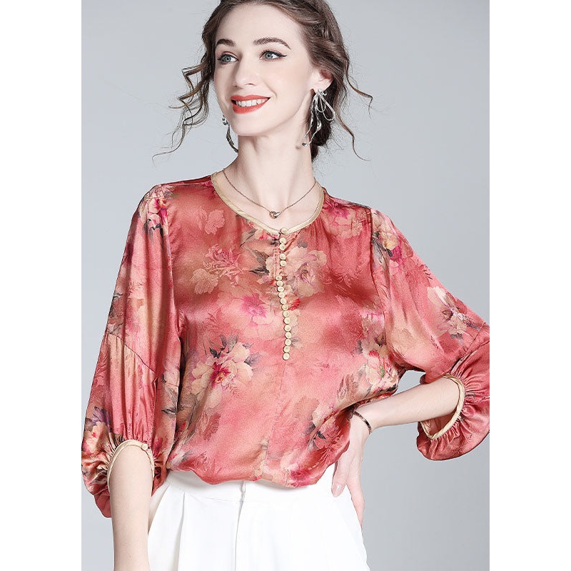 Boho Red O Neck Floral Print Silk Blouse Top Bracelet Sleeve