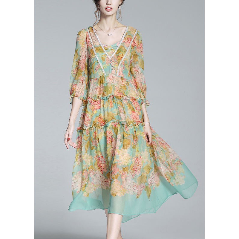 Boho Yellow Green V Neck Print Patchwork Ruffled Maxi Dresses Summer