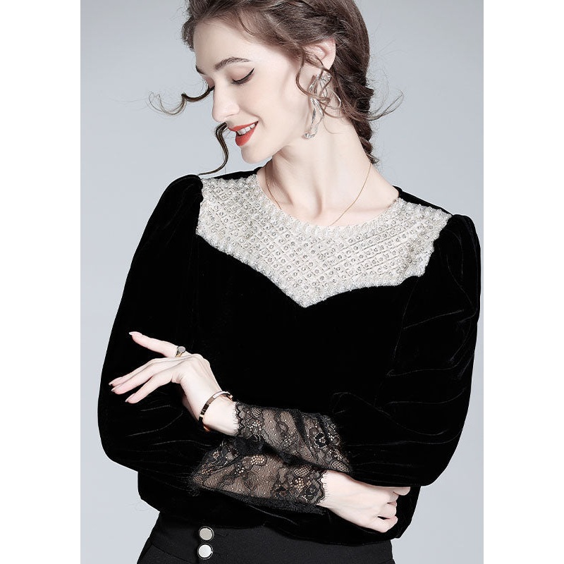 Boutique Black Nail Bead Lace Patchwork Silk Velour Blouse Top Spring