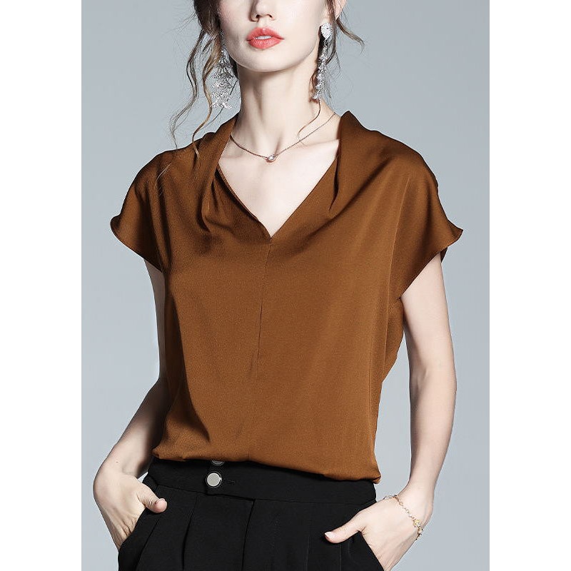 Boutique Coffee V Neck Solid Silk Shirt Short Sleeve