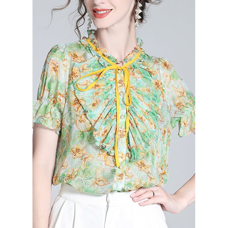 Boutique Green Stand Collar Print Ruffled Neck Tie Silk Top Summer