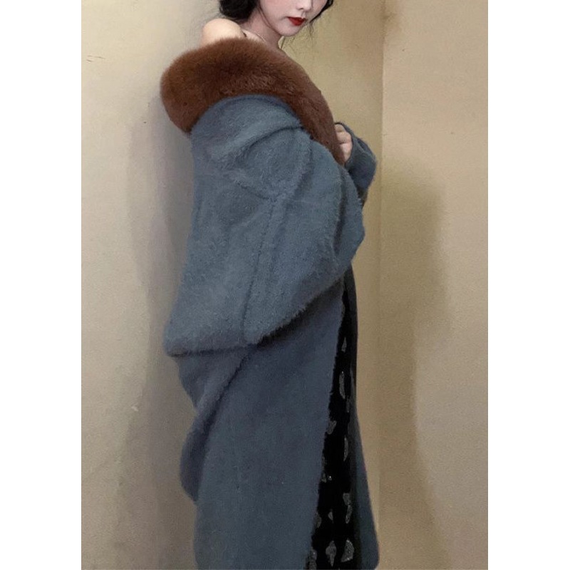 Boutique Haze Blue Fur Collar Mink Hair Knitted Coats Batwing Sleeve