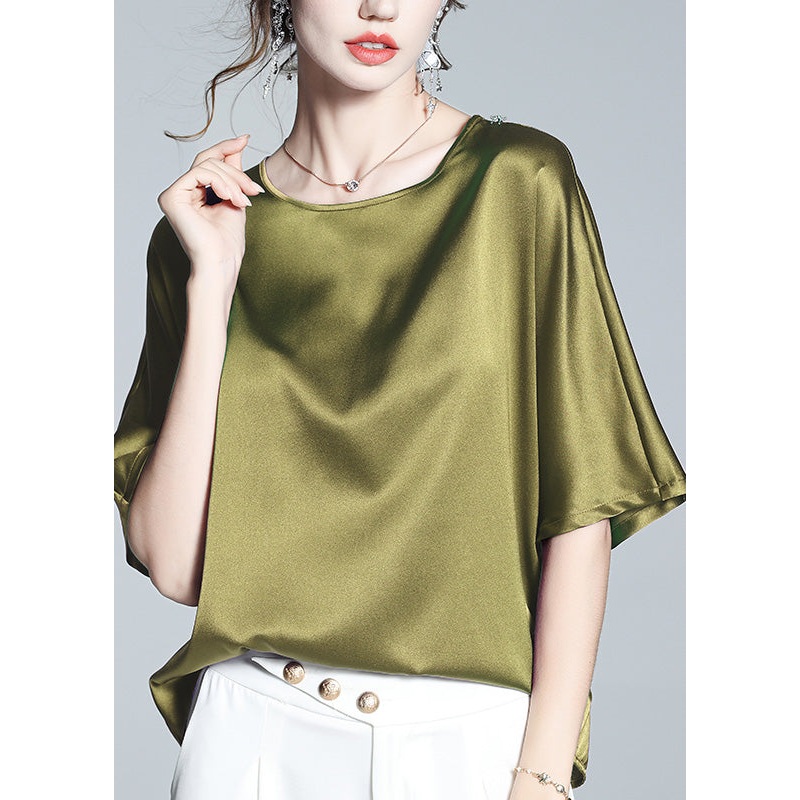 Brief Green O-Neck Solid Silk T Shirt Half Sleeve