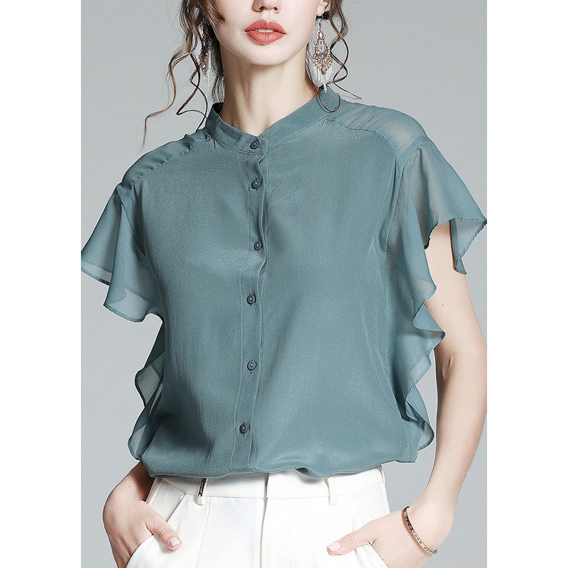 Brief Haze Blue Stand Collar Button Solid Silk Shirt Short Sleeve