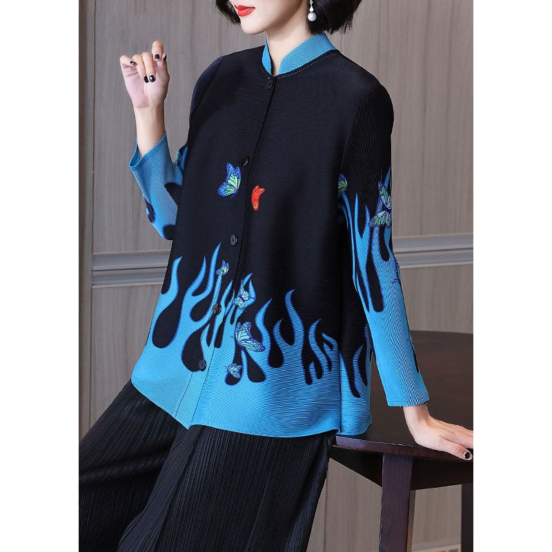 Casual Black Stand Collar Print Button Shirt Long Sleeve