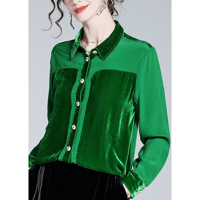 Casual Green Peter Pan Collar Patchwork Button Silk Shirt Long Sleeve
