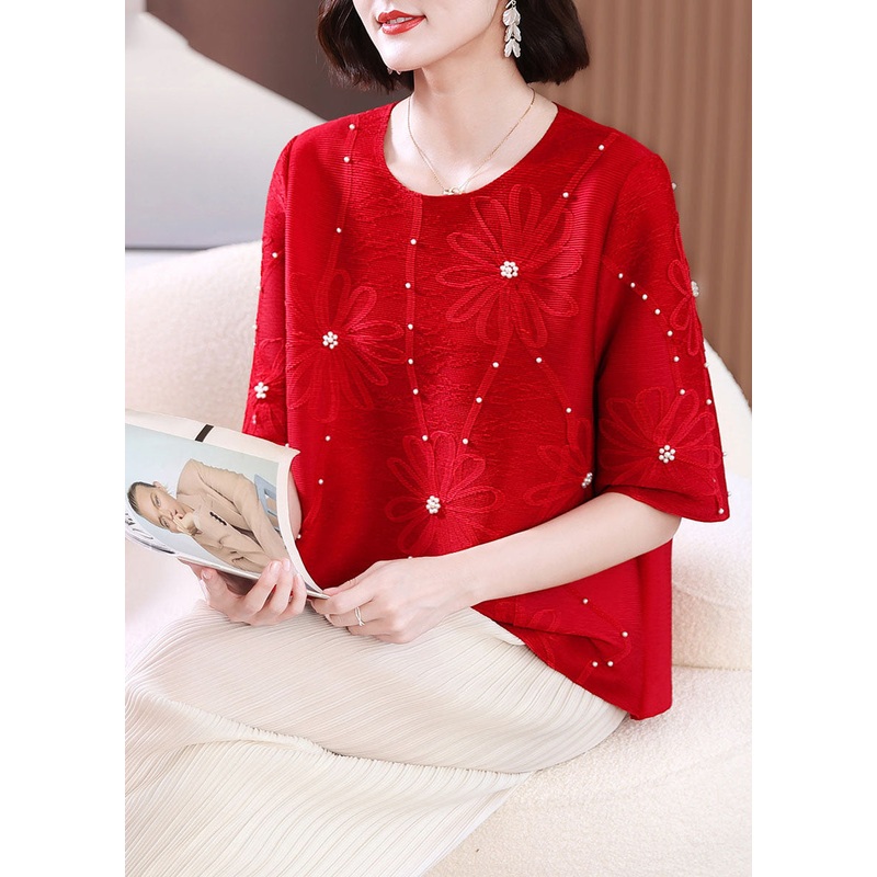 Casual Red Embroideried Nail Bead T Shirts Summer