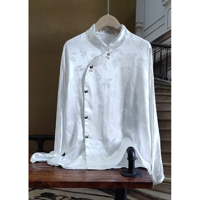 Casual White Stand Collar Patchwork Jacquard Silk Shirts Spring