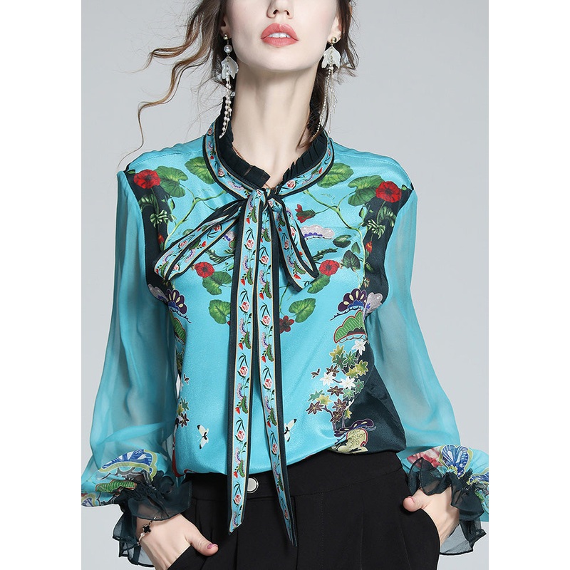 Chic Indigo Stand Collar Print Tie Waist Silk Shirt Long Sleeve