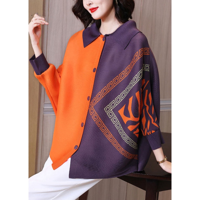 Chic Orange Peter Pan Collar Print Button Shirt Long Sleeve