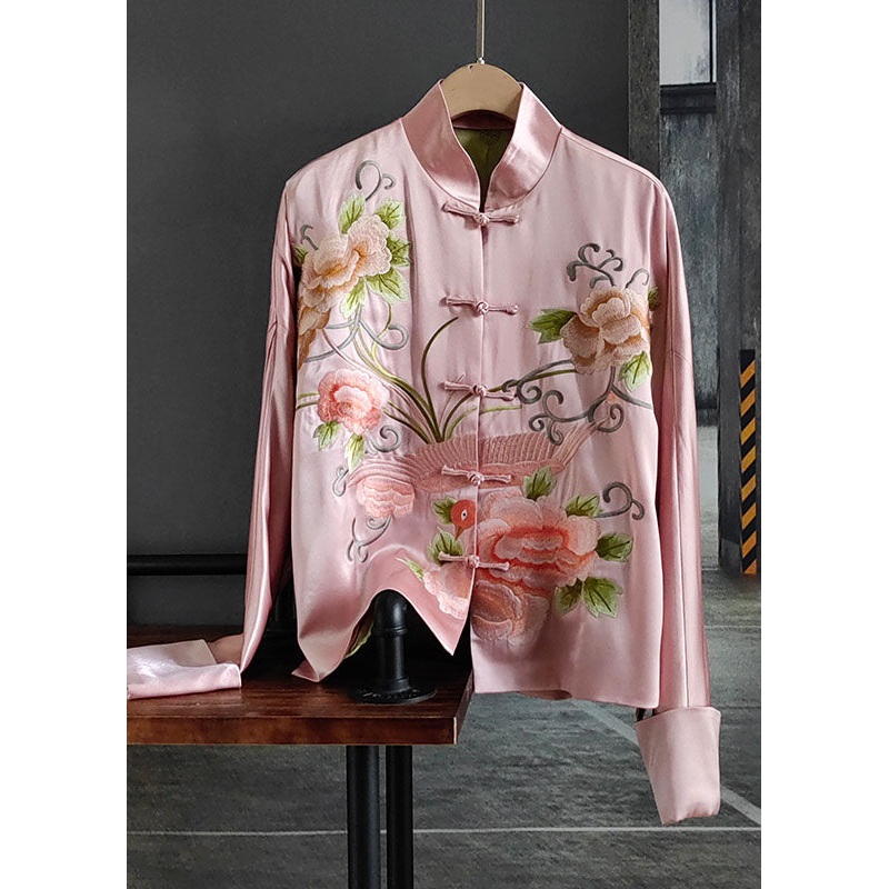 Chic Pink Embroidered Chinese Button Patchwork Silk Coat Spring