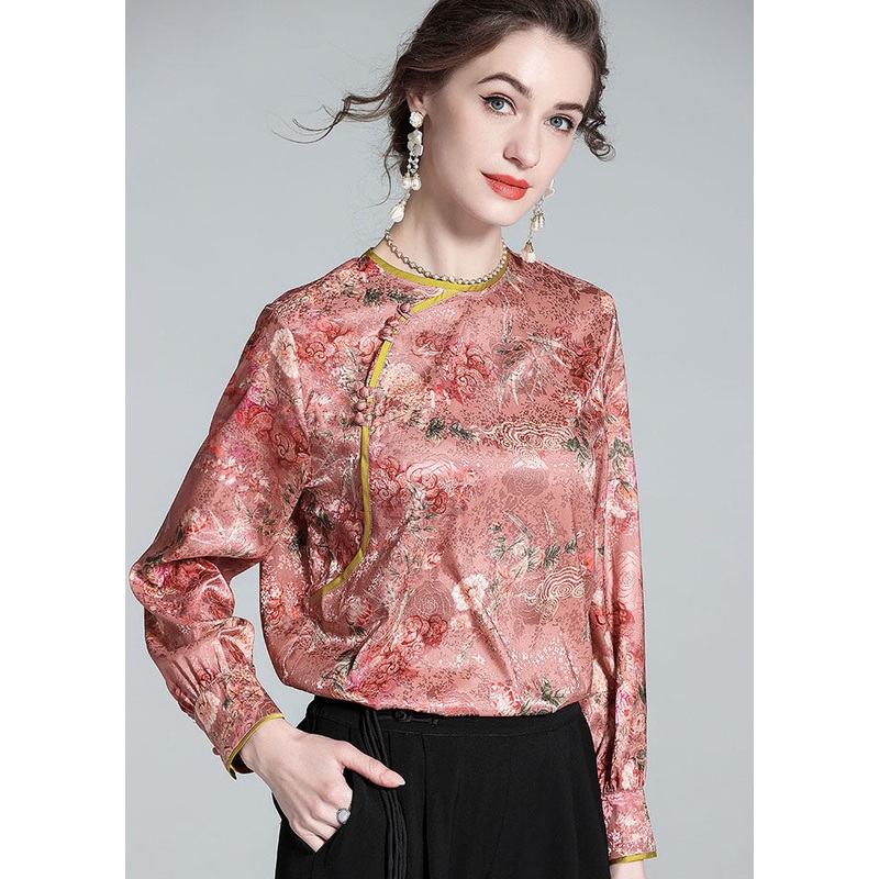 Chic Pink O Neck Jacquard Chinese Button Patchwork Silk Shirt Spring