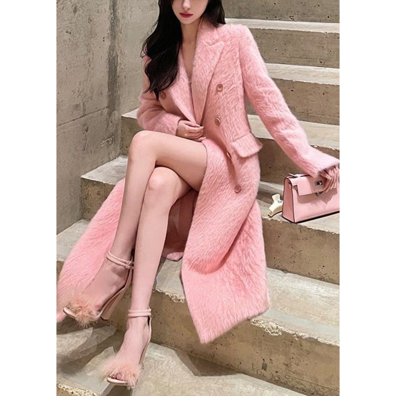 Chic Pink Peter Pan Collar Double Breast Patchwork Woolen Coat Winter