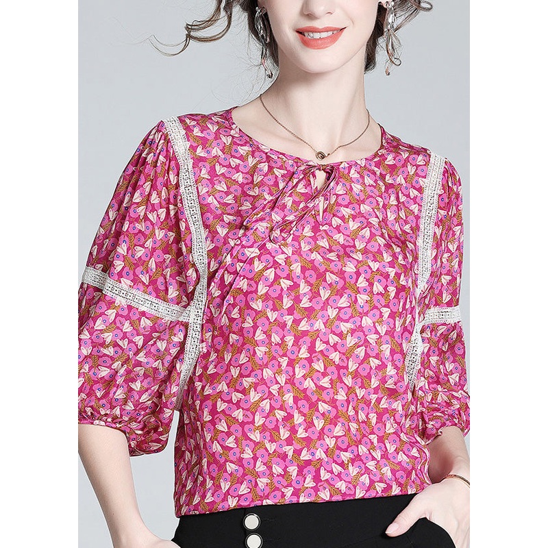 Chic Rose O-Neck Print Neck Tie Silk Tops Short Sleeve