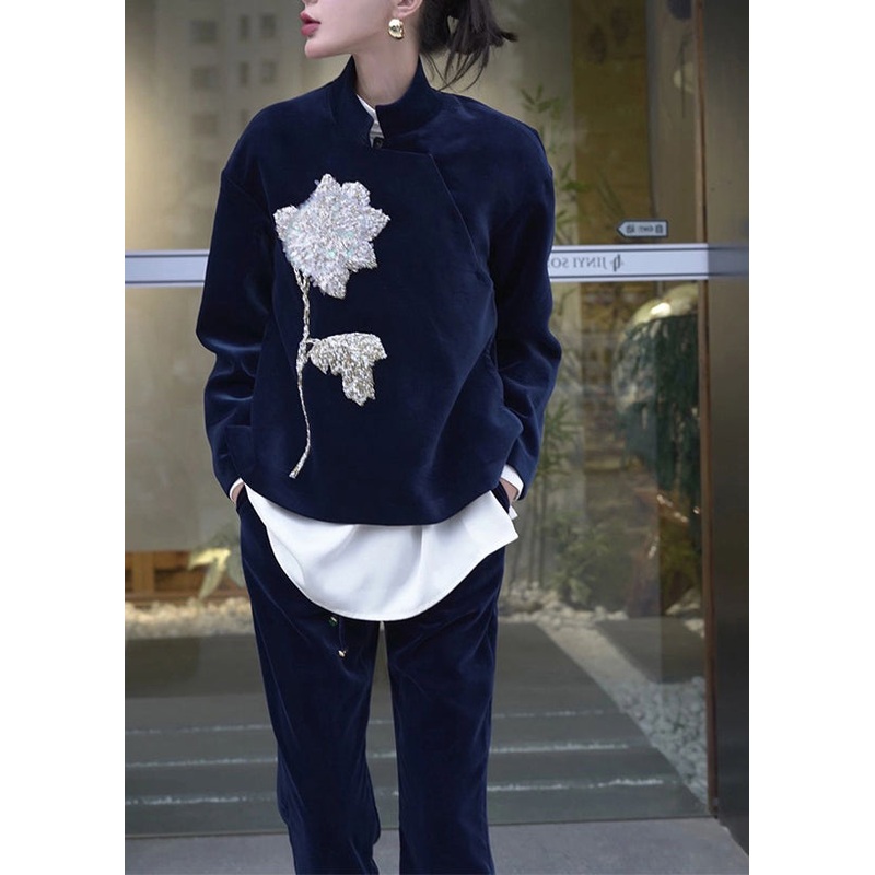 Chinese Style Blue Embroideried Velour Two Piece Set Clothing Fall