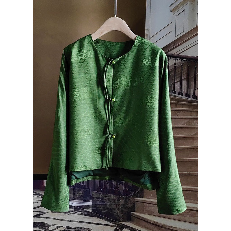 Chinese Style Green Tasseled Button Jacquard Silk Coats Spring
