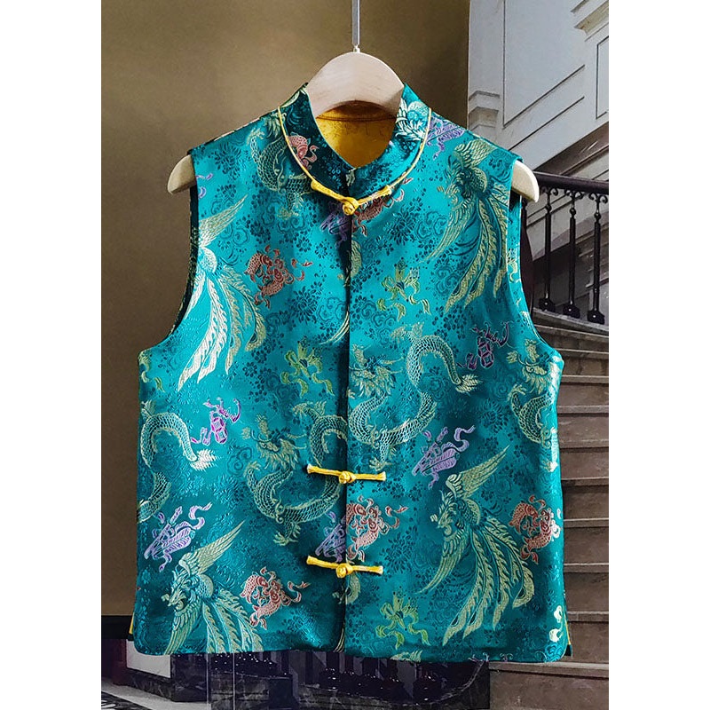 Chinese Style Peacock Blue Stand Collar Patchwork Jacquard Silk Vest Sleeveless