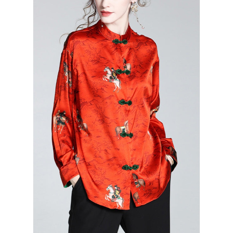 Chinese Style Red Stand Collar Print Button Silk Coats Spring