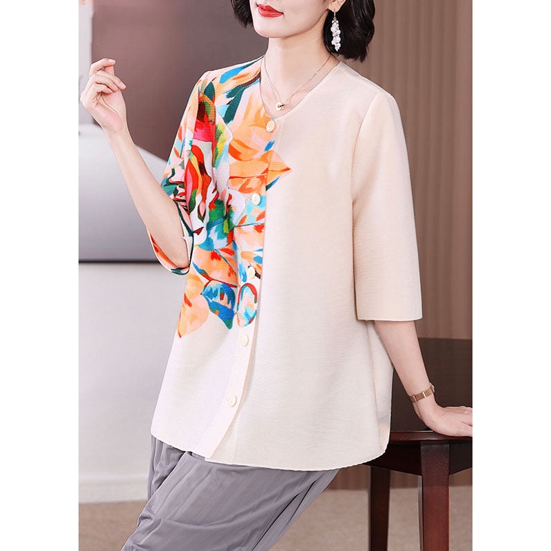 Classy Apricot O-Neck Print Button Shirt Half Sleeve