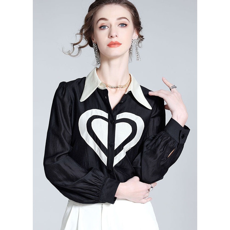 Classy Black Peter Pan Collar Heart Patchwork Silk Top Spring
