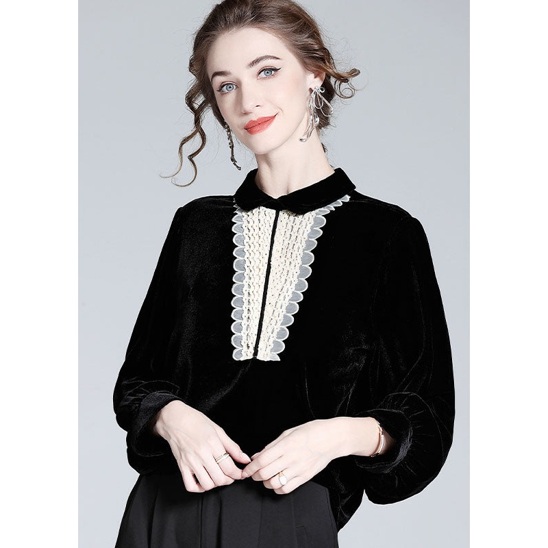 Classy Black Peter Pan Collar Lace Patchwork Silk Velour Top Spring