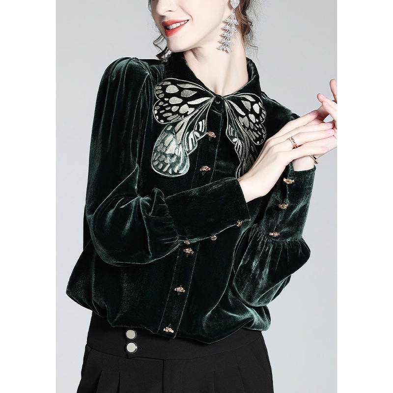 DIY Blackish Green Butterfly Peter Pan Collar Silk Velour Shirt Long Sleeve