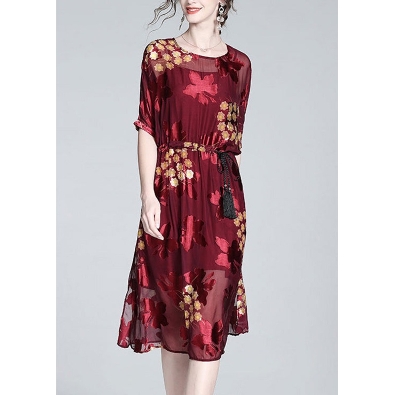 DIY Red O-Neck Print Tunic Silk Maxi Dresses And Slip Dress Two Pieces Set Summer