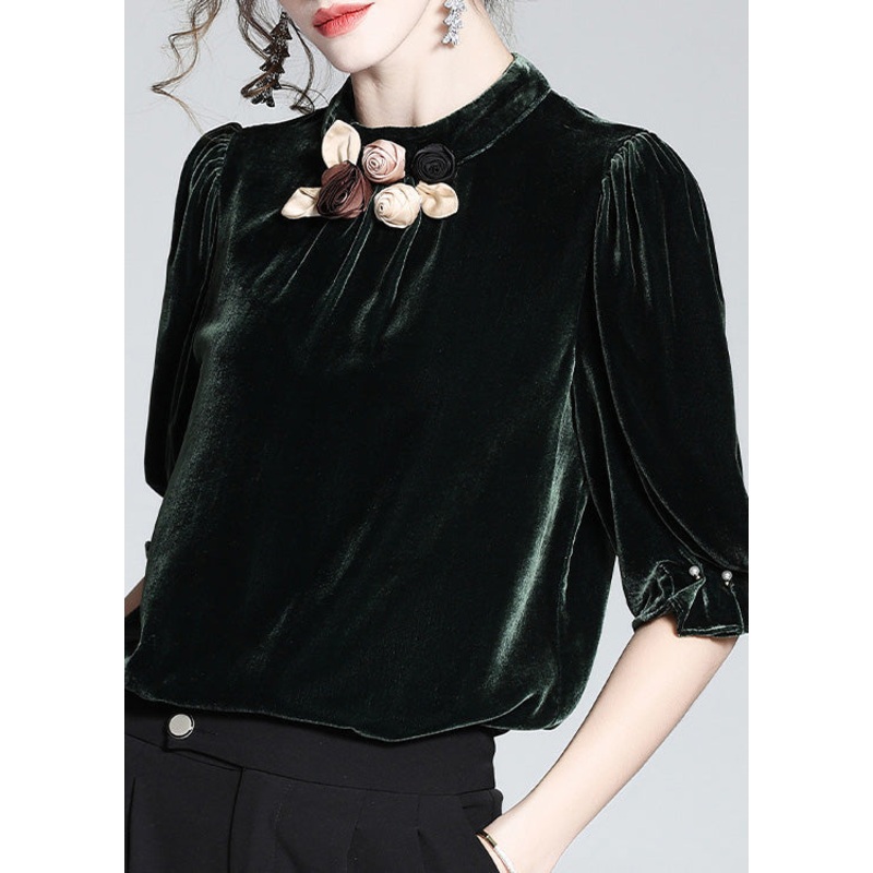 Elegant Blackish Green Stand Collar Floral Silk Velour Top Short Sleeve