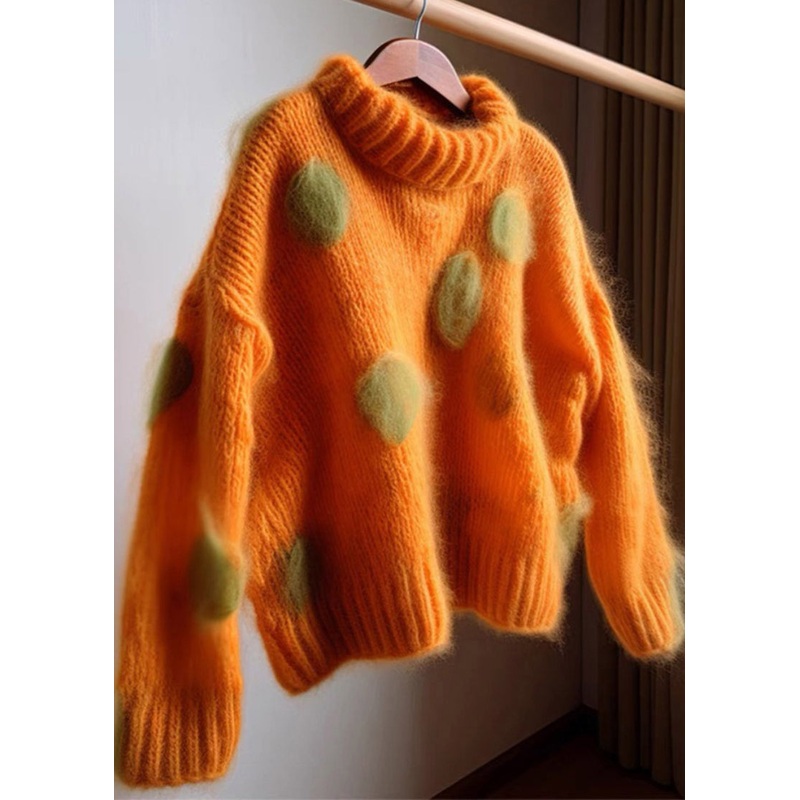Elegant Orange Hign Neck Cashmere Knit Sweaters Fall