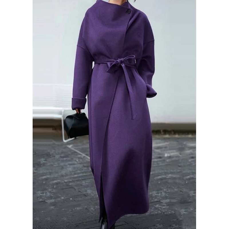 Elegant Purple Pockets Tie Waist Patchwork Woolen Coat Winter